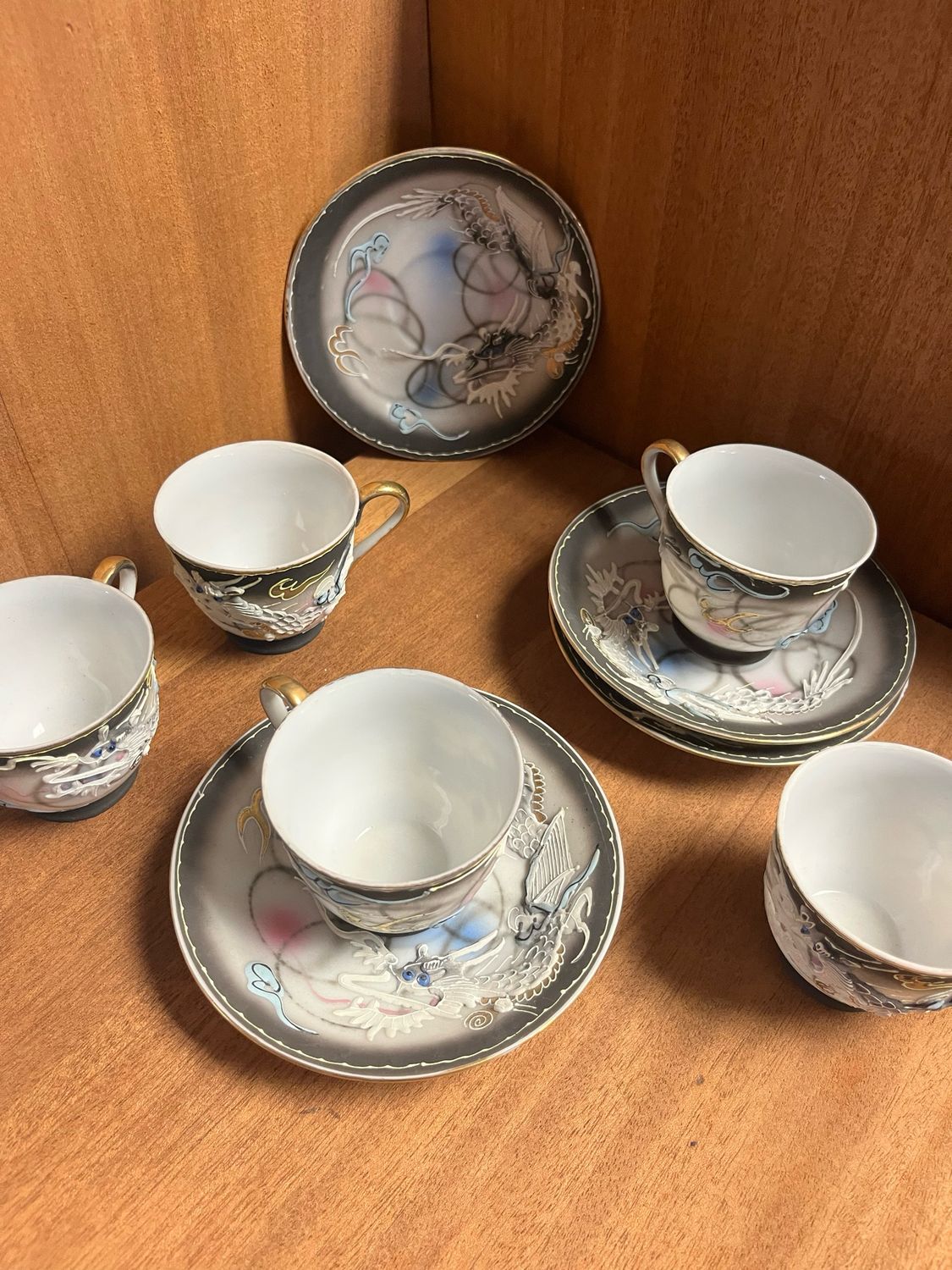 Vintage Geisha Lithophane Dragon ware Sm. Teacup And Saucer Set in Moriage Black