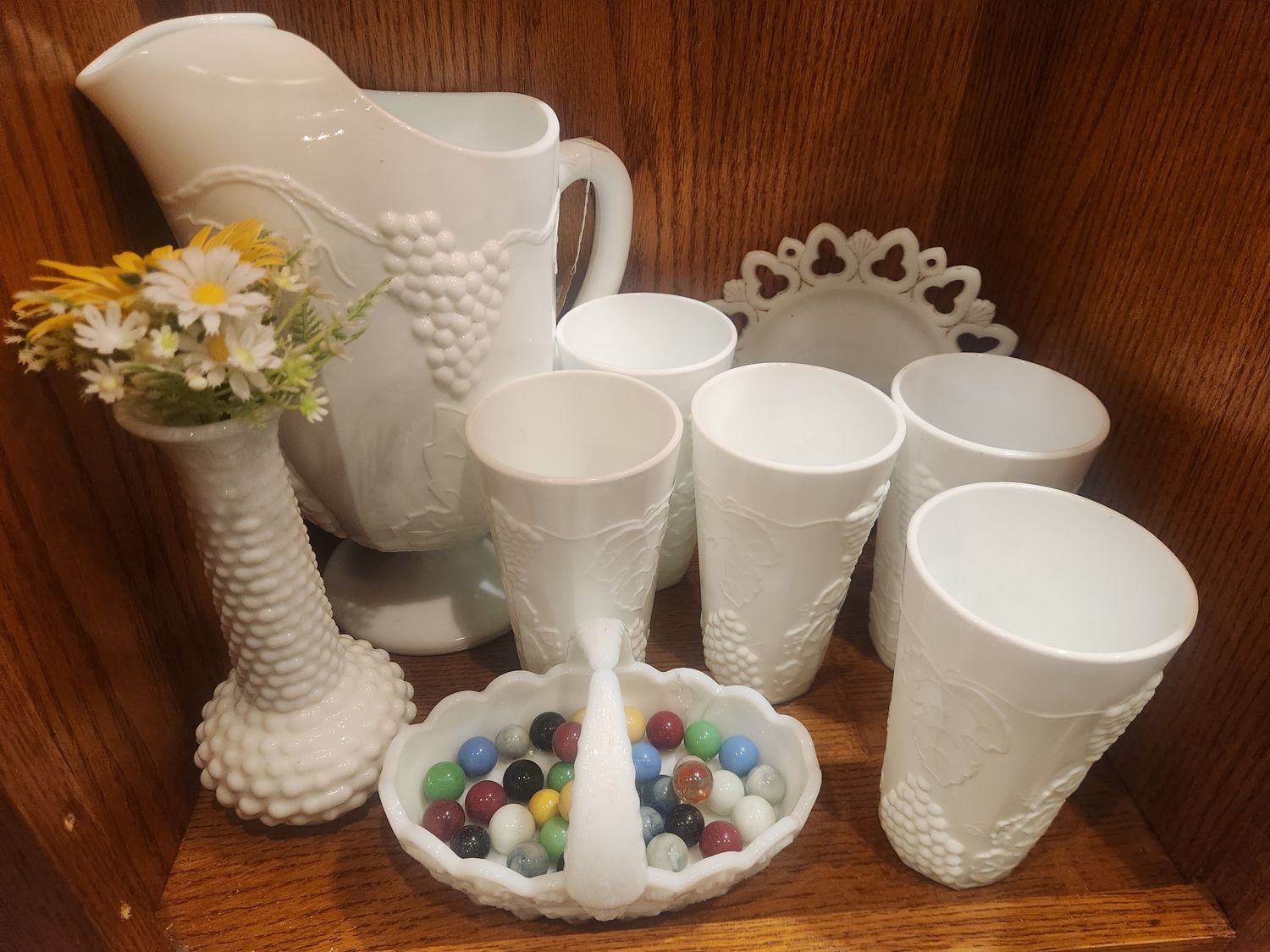 Vintage Milk Glass Pitcher &amp; Cups Set