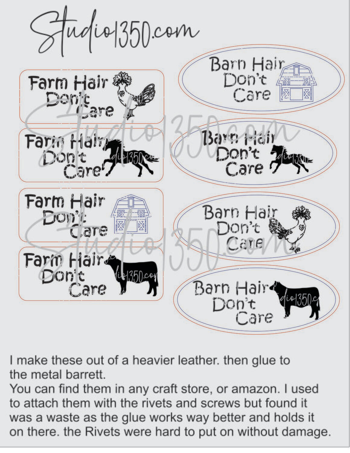 DIGITAL FILE 8 Designs Farm Barrettes Chicken, Cow Horse Barn