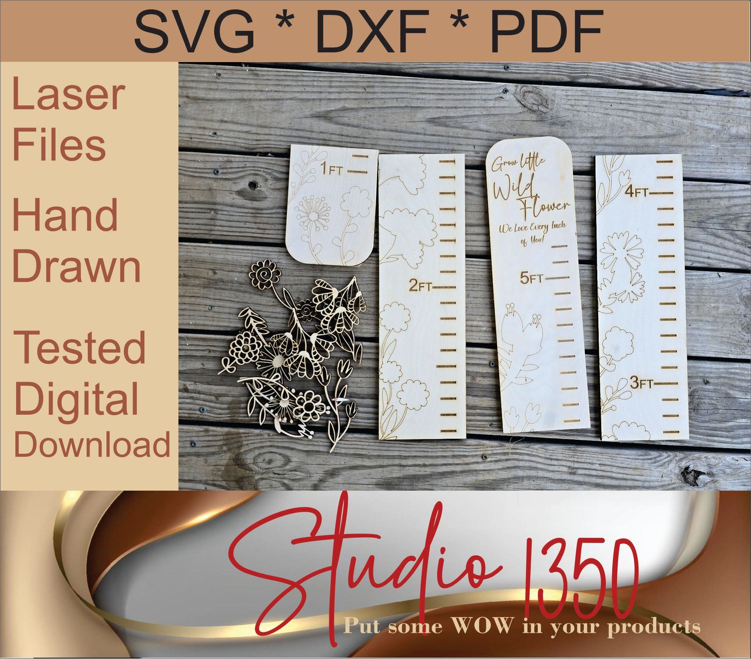 ​🌼 Laser Cut Growth Chart SVG – “Grow Little Wildflower” | Kids Height Ruler File SVG DXF PDF