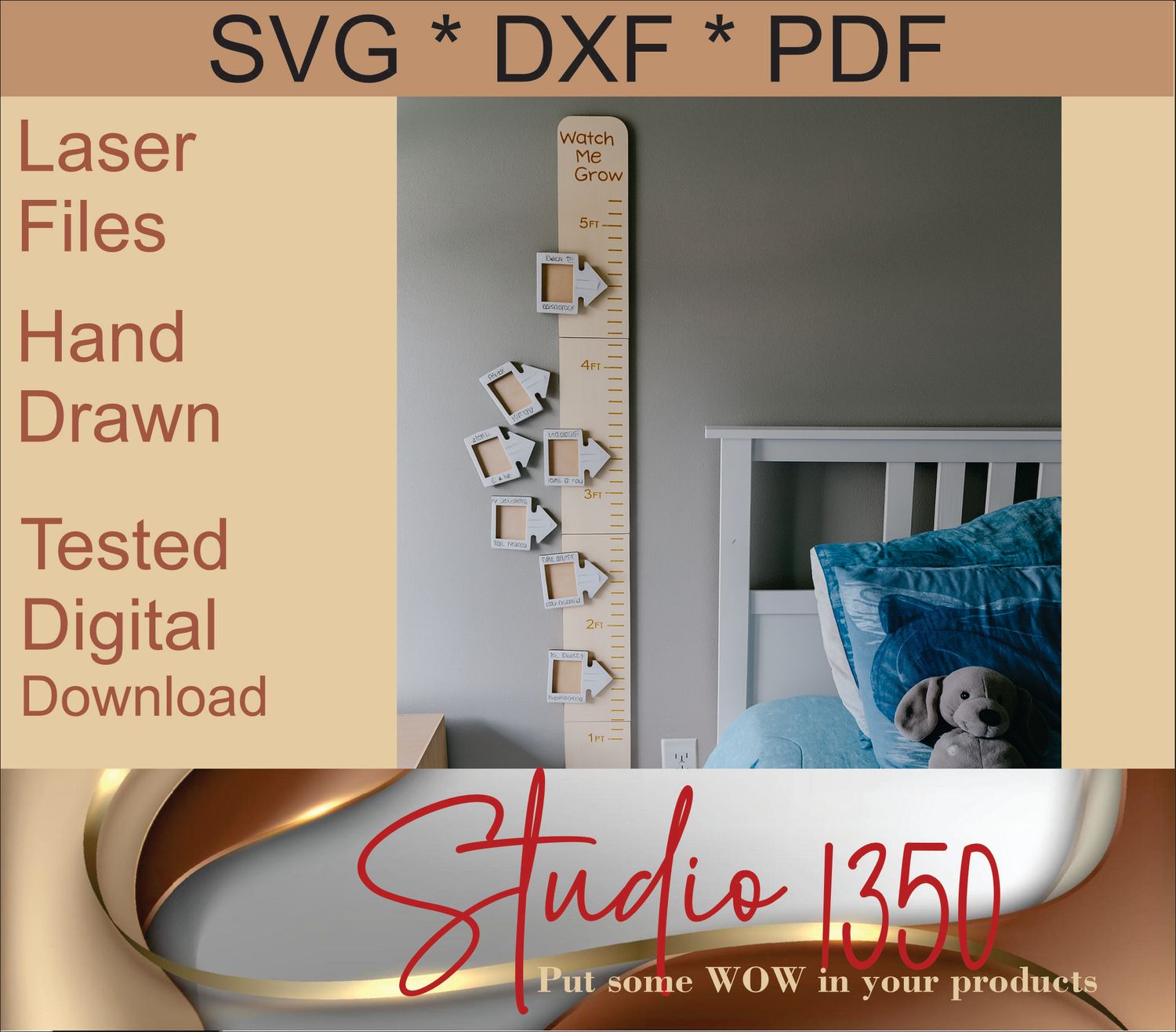 ​🌼 Laser Cut Growth Chart SVG – “Watch Me Grow” | Kids Height Ruler File SVG DXF PDF