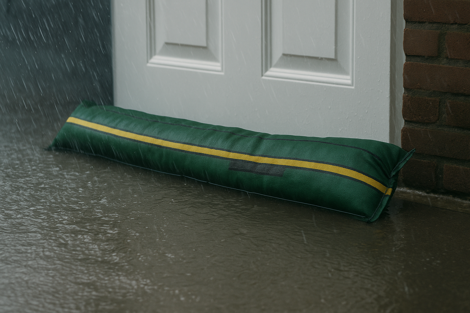 Groene HDPE-zandslurf met gele band voor een voordeur in de stromende regen