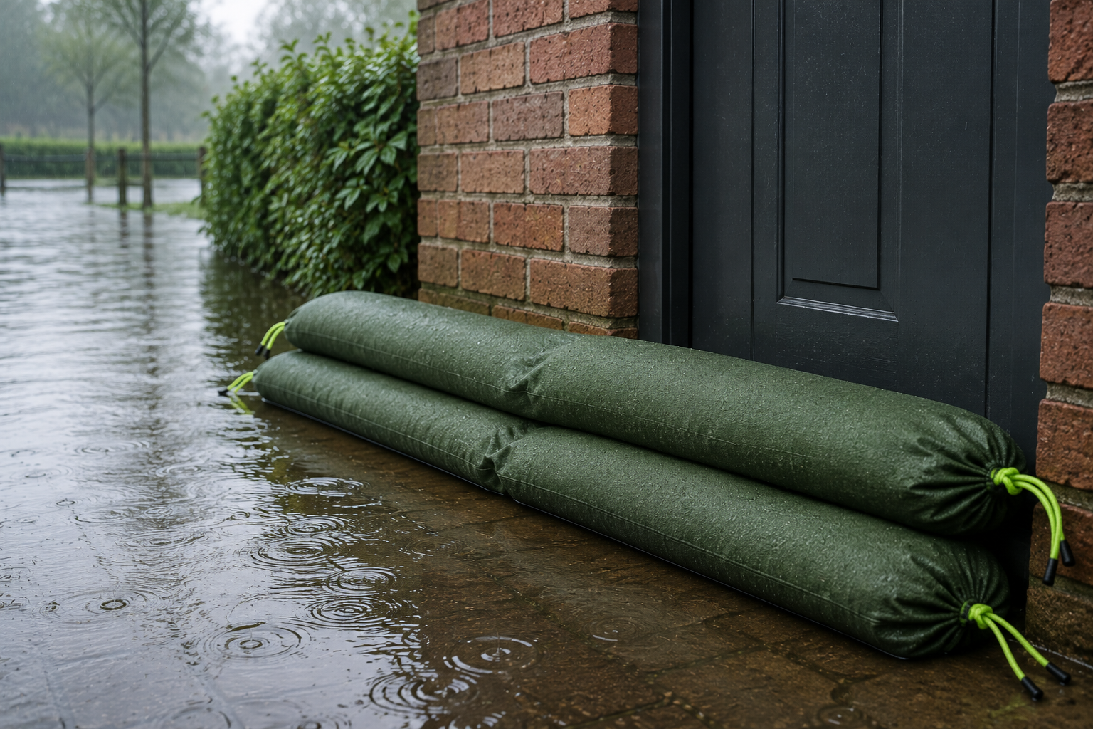 Twee groene canvas zandslurven voor een voordeur in een ondergelopen straat