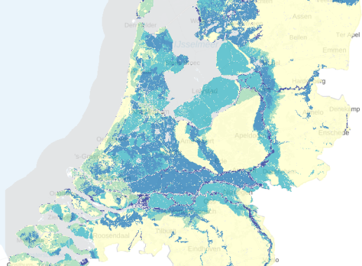 Kaart van Nederland met de gebieden die het meeste risico op wateroverlast en overstroming lopen