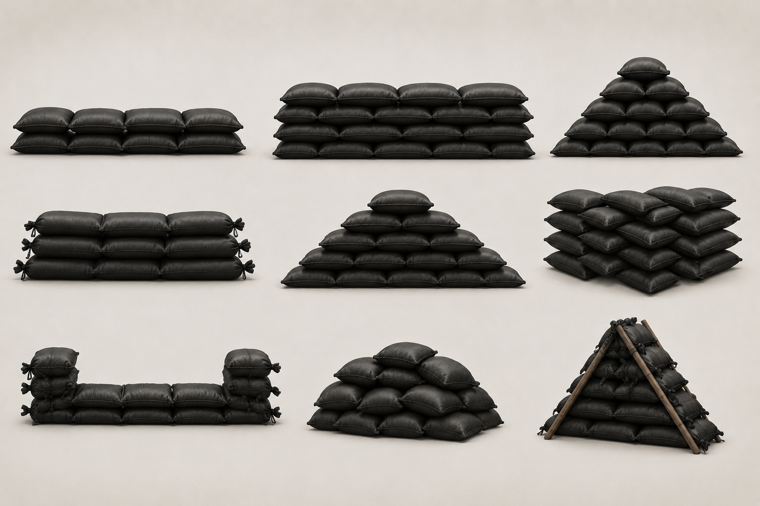 Negen manieren om zandzakken te stapelen: rechte rijen, een piramide, een getrapte wal, een U-vorm met verhoogde uiteinden, een heuvel en een A-frame met houten steunen