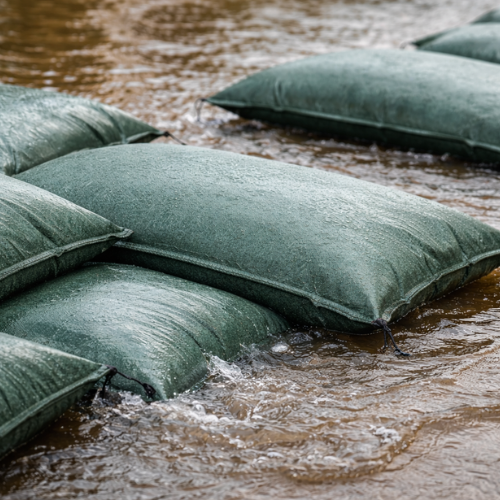 Opgezwollen groene watergeactiveerde zandzakken die water tegenhouden