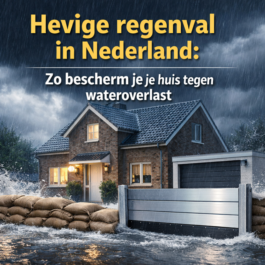 Woning in de stromende regen, beschermd door een waterkering en gestapelde zandzakken voor de oprit