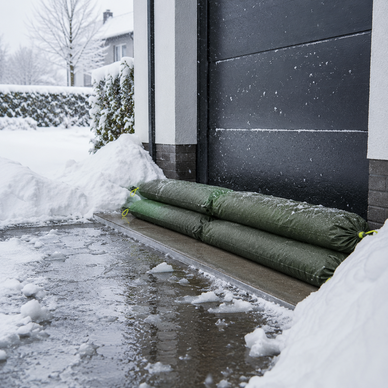 Groene zandslurven voor een garagedeur in de sneeuw, tegen instromend smeltwater