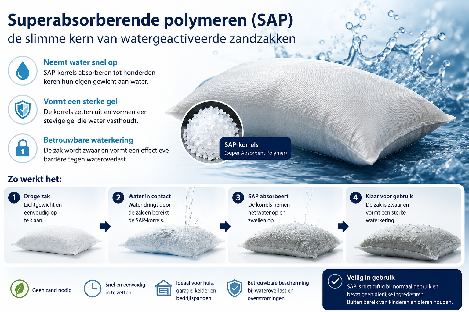Infographic over superabsorberende polymeren (SAP) in watergeactiveerde zandzakken en hoe die werken