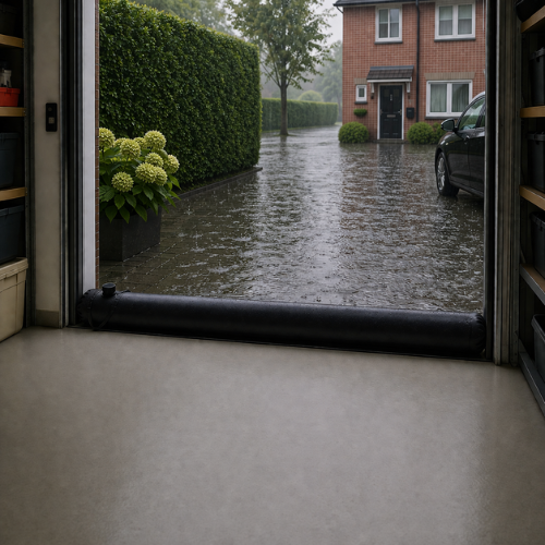 Zwarte PVC-waterbarrière in een garagedeuropening bij een ondergelopen oprit