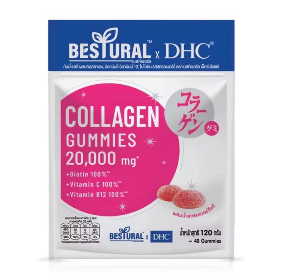 Korean Beauty Bestural x DHC Collagen Gummies 20,000 mg , Helps nourish the skin, Aura, Bright, Healthy, Bright white, Just chewing 2 tablets a day.