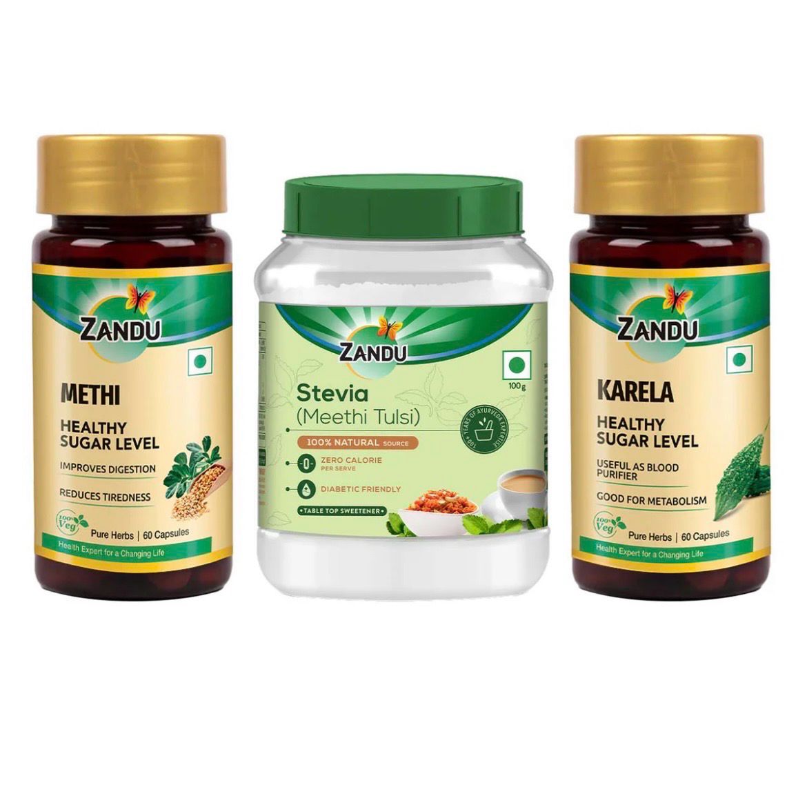 Zandu Ultimate Sugar Care Kit (Pure Methi 60 Tablets | Stevia Powder 100 GM | Karela 60 Tablets)