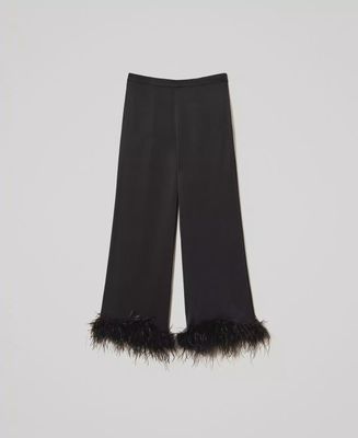 Satin trousers with feathers