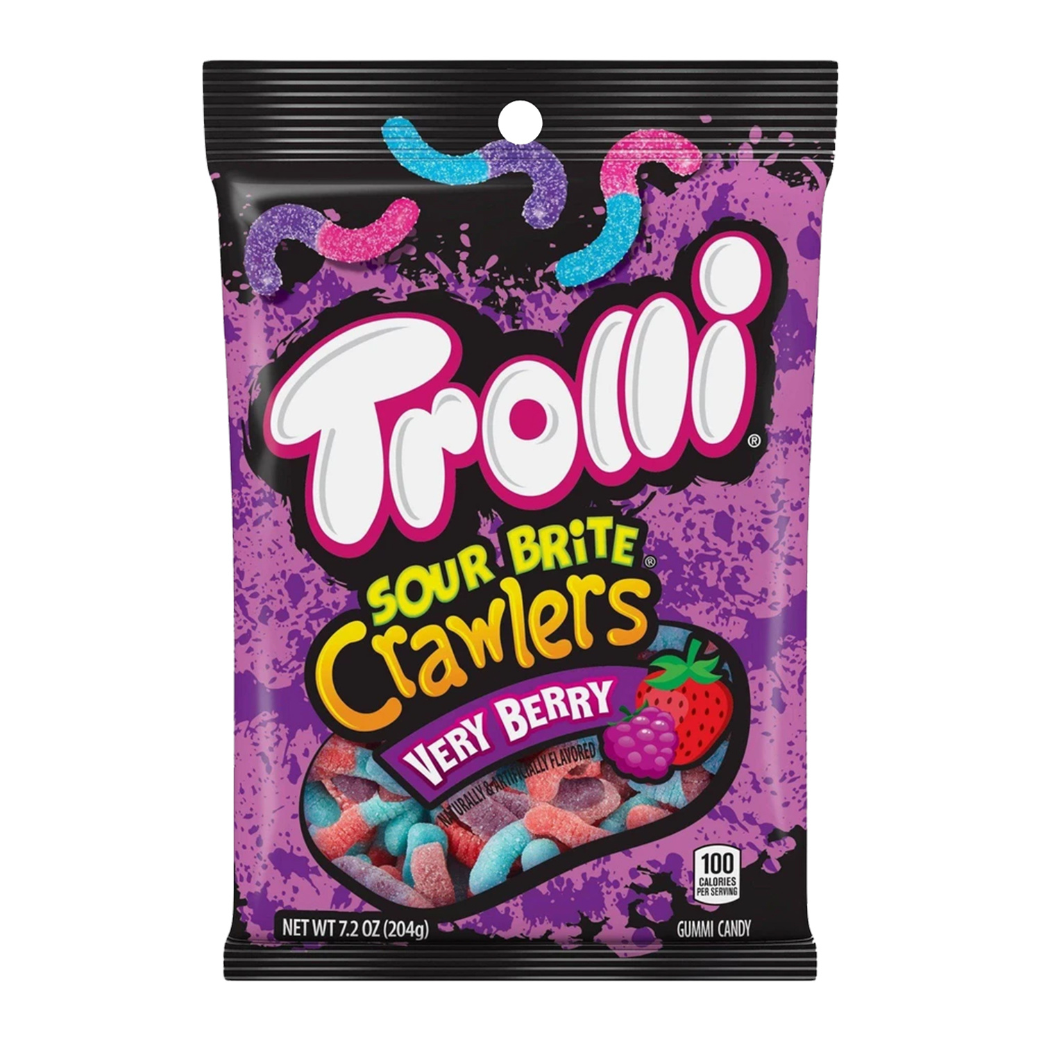 Bag of Trolli Sour Brite Crawlers Very Berry gummi candy in a black and purple package, with sugar-coated pink, blue and purple gummy worms