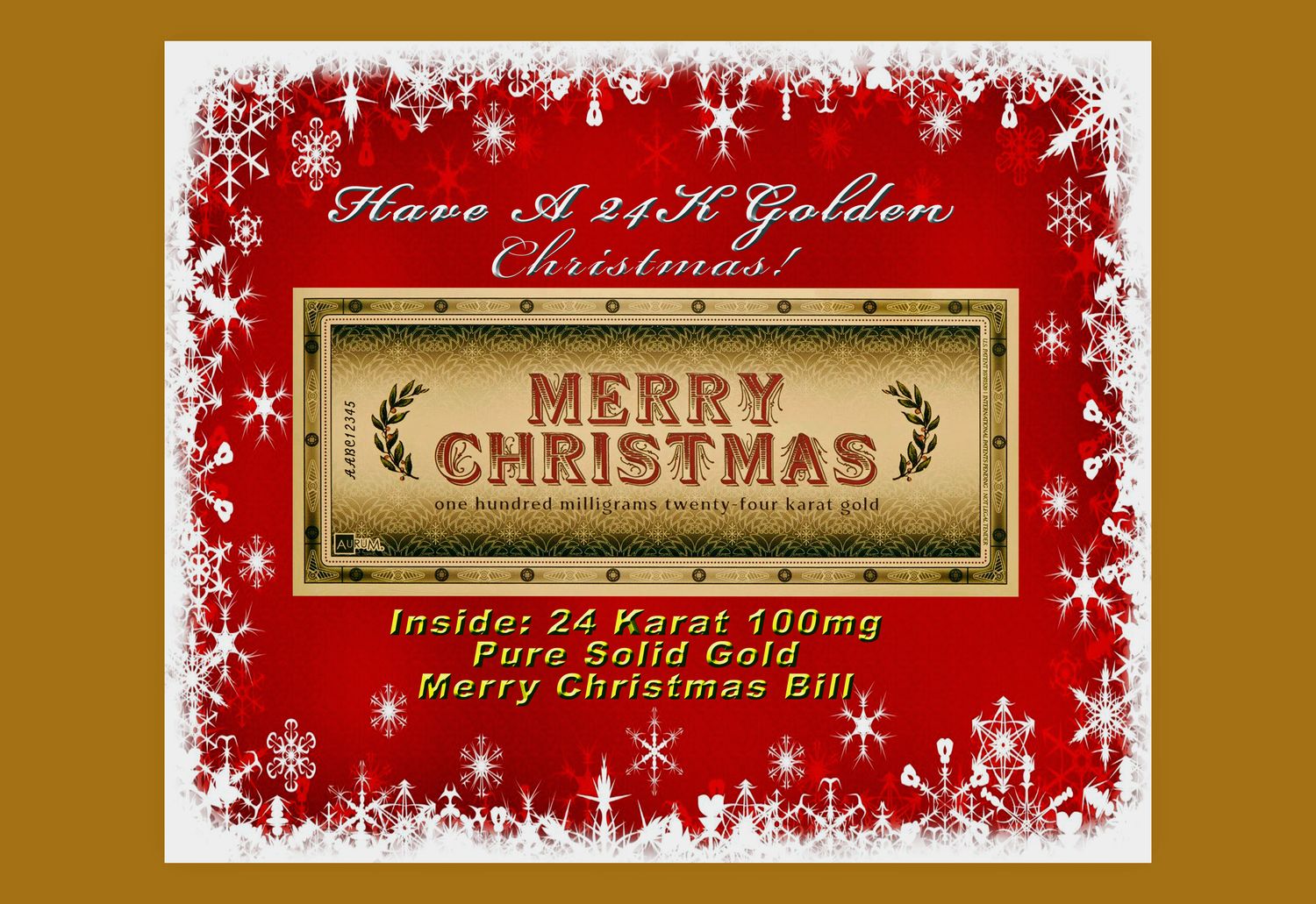 24K 100mg Merry Christmas Solid Gold Bill Gift