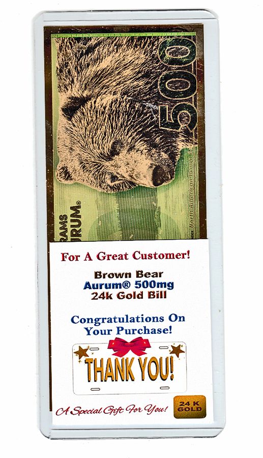 Vehicle Buyer Appreciation Gold Gift 500mg 24 Karat Pure Solid Gold Brown Bear Bill!