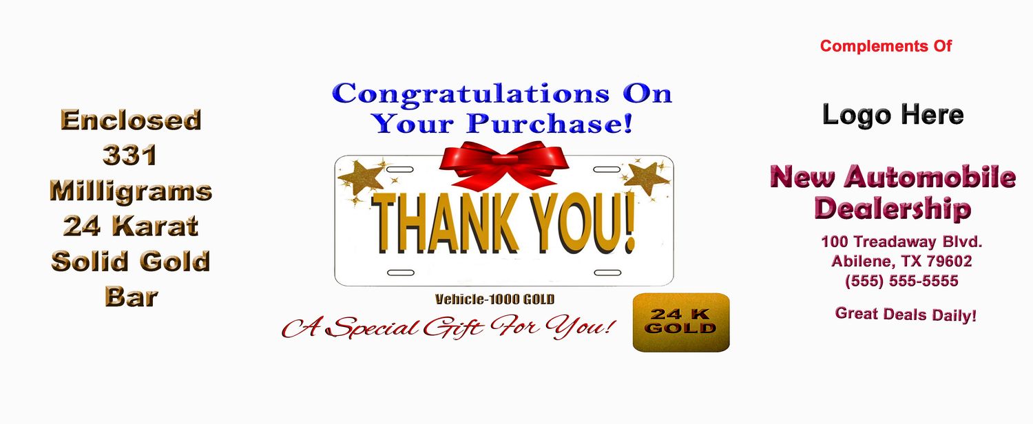 24 Karat Solid Gold Bar, pure gold customized with dealer information, Free Shipping