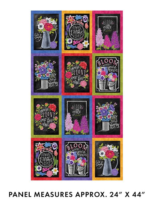 Benartex Inspired Blooms Block Panel Black Multi
