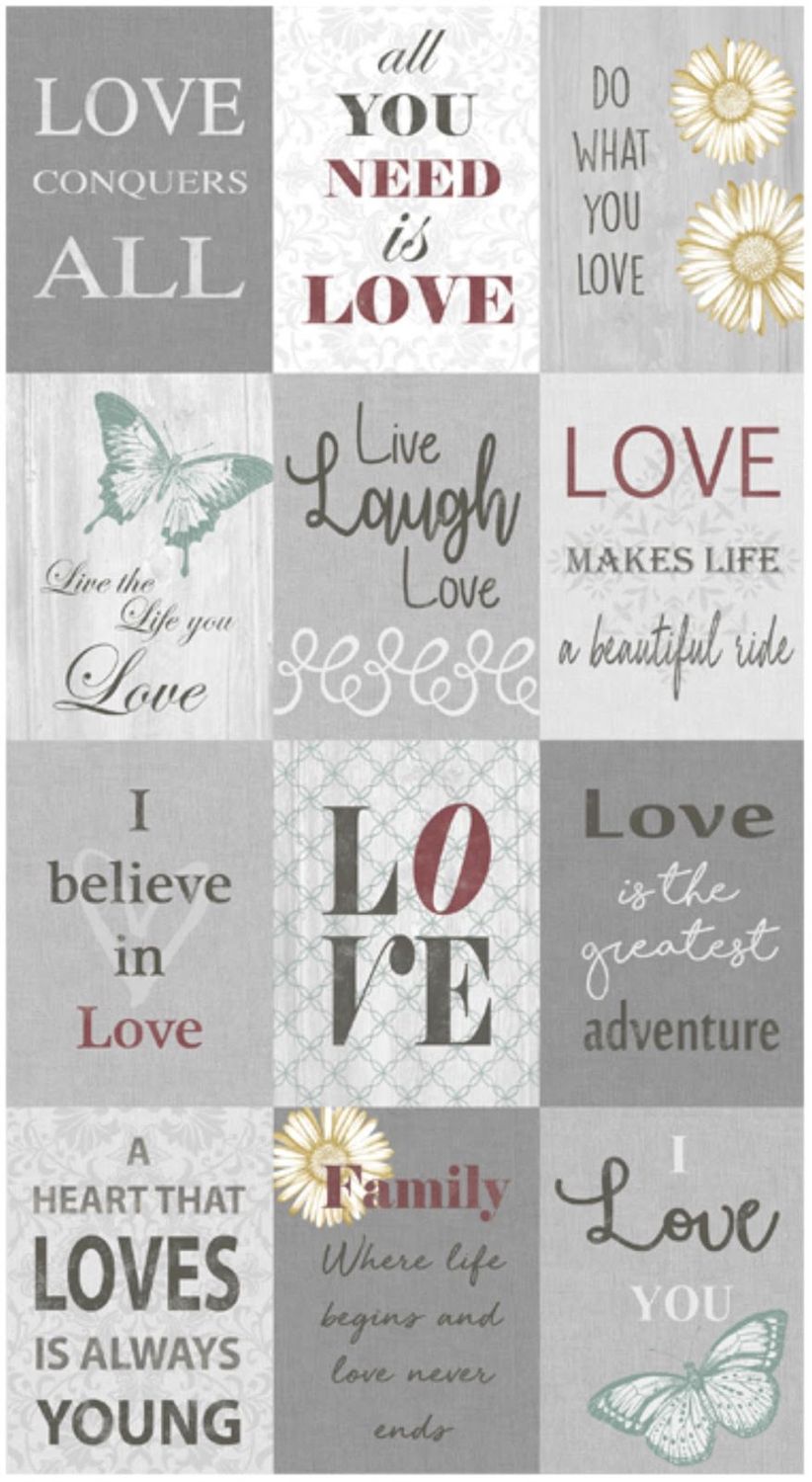 Benartex Words To Live By Love Panel Grey/Multi