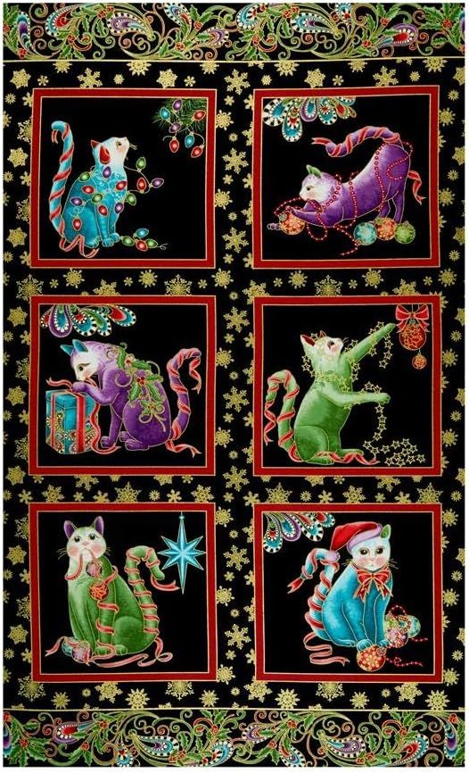 Benartex Cat-I-tude Christmas Holly Panel Blk/Multi
