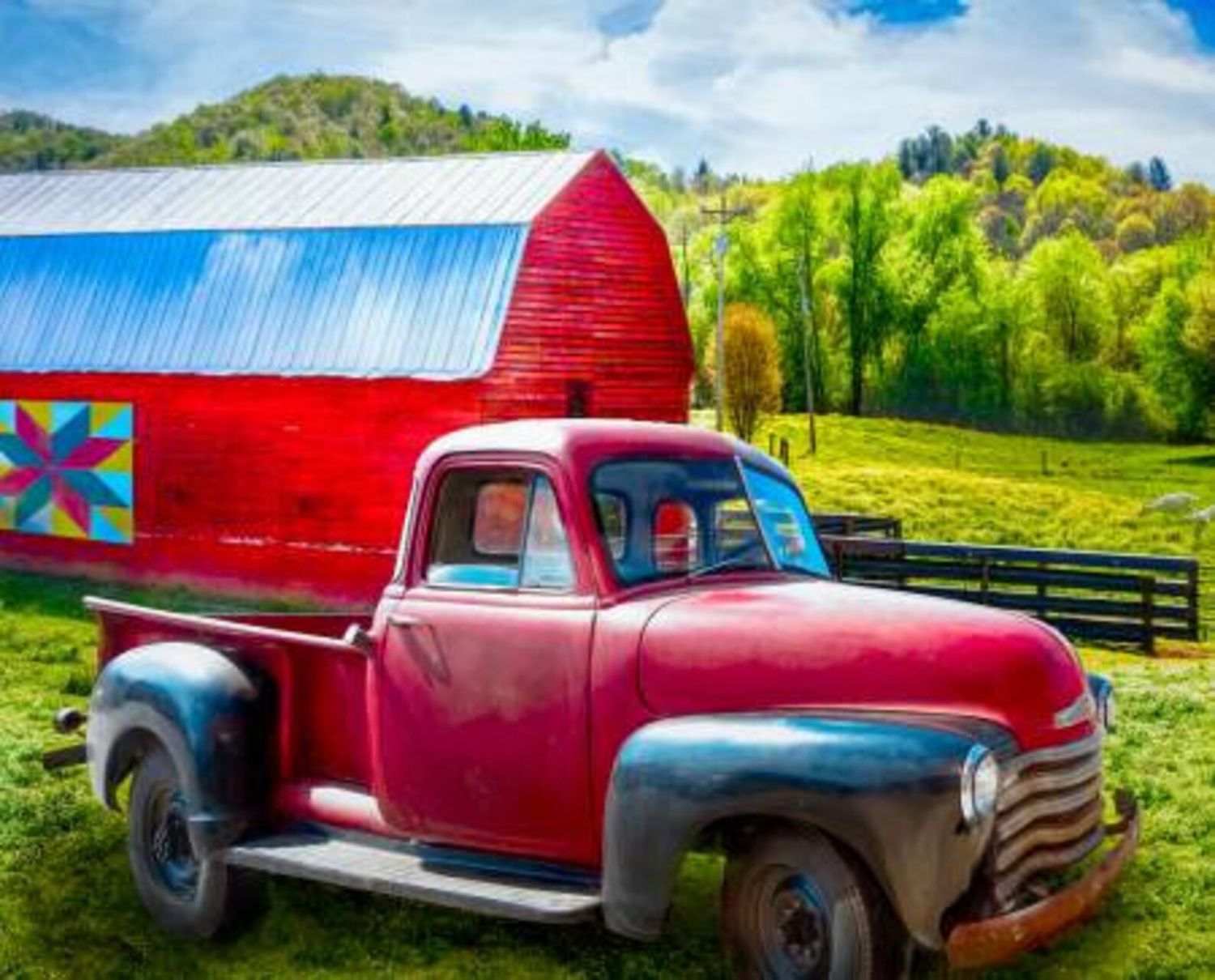David Textiles Red Truck And Barn Panel