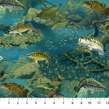 Northcott Hooked Fish In Water Blue/Multi DP24460-44