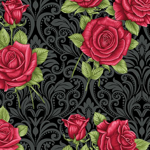 Benartex A Festival Of Roses Festive Damask Roses Black