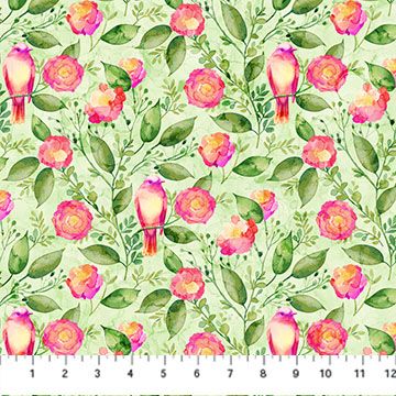 Northcott Veranda Floral &amp; Bird Pale Green DP28399-72