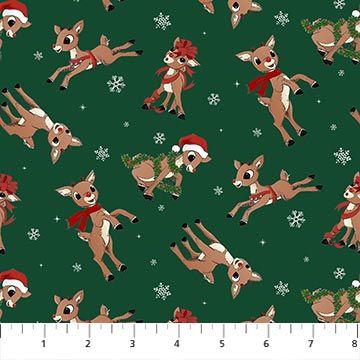 Northcott Rudolph The Red Nose Reindeer Rudolph Toss Dk Green RD1001-78