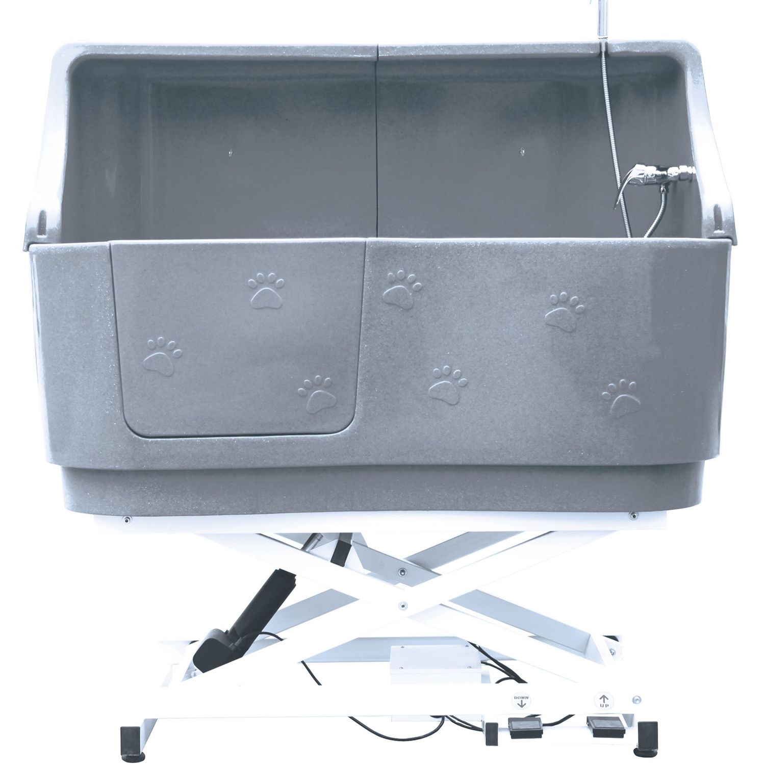 Electric Dog Bathtub with Adjustable Lift System - Grey, splash guard