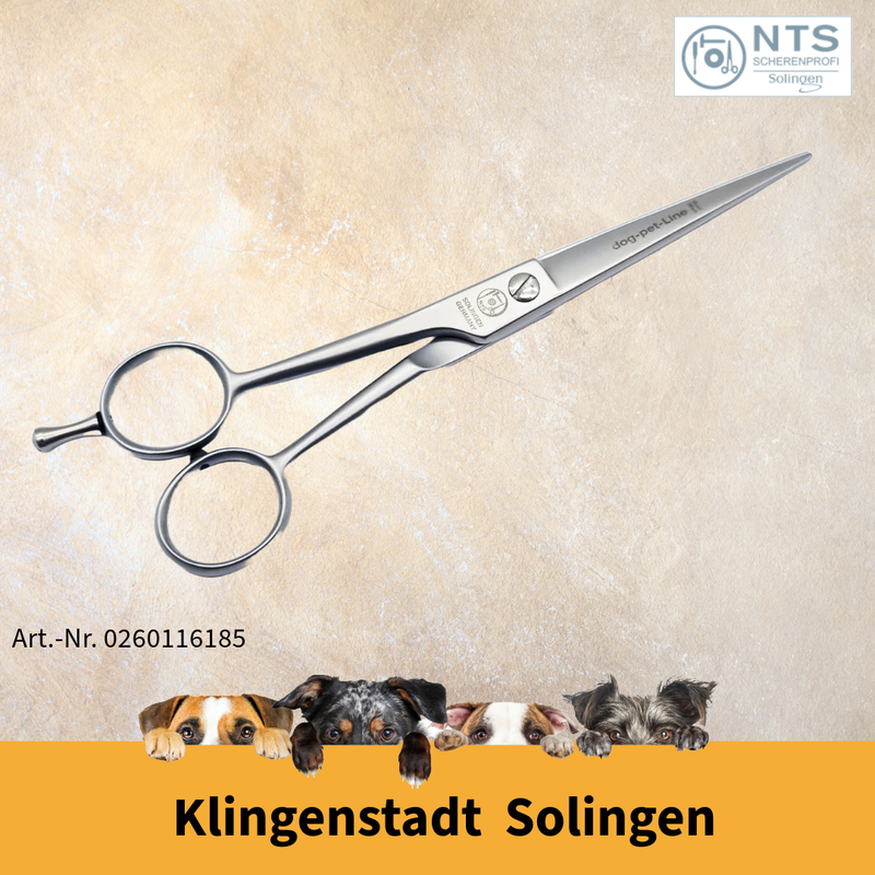 NTS left-handed pet scissors 7 inch – side view with satin finish