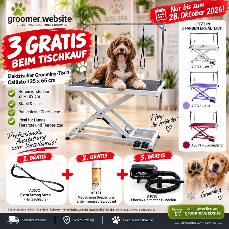 Special offer  Electric Grooming Table 125 x 65 cm Get 3 FREE grooming products