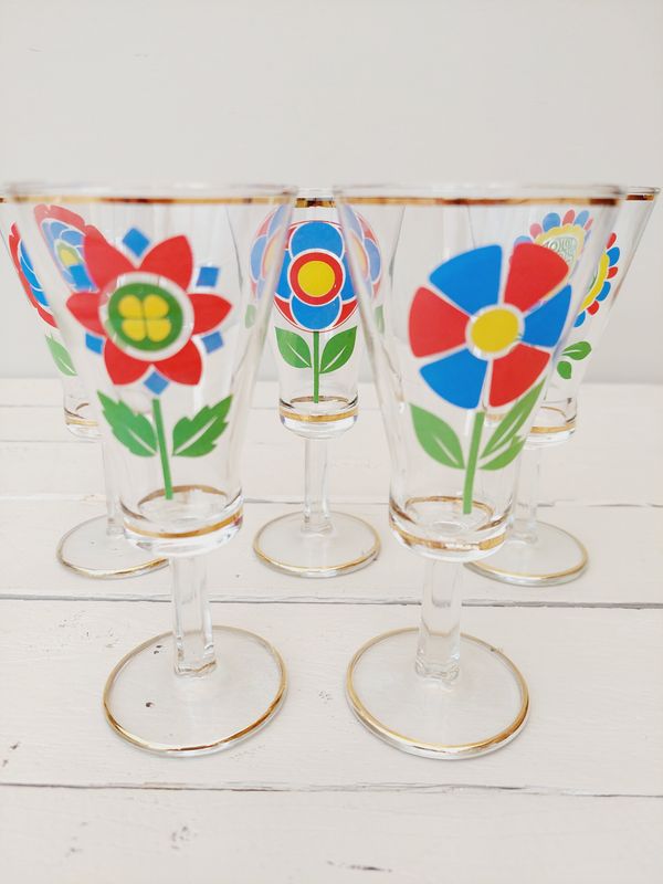 Retro likeurglaasjes met bloemen, set van 5
