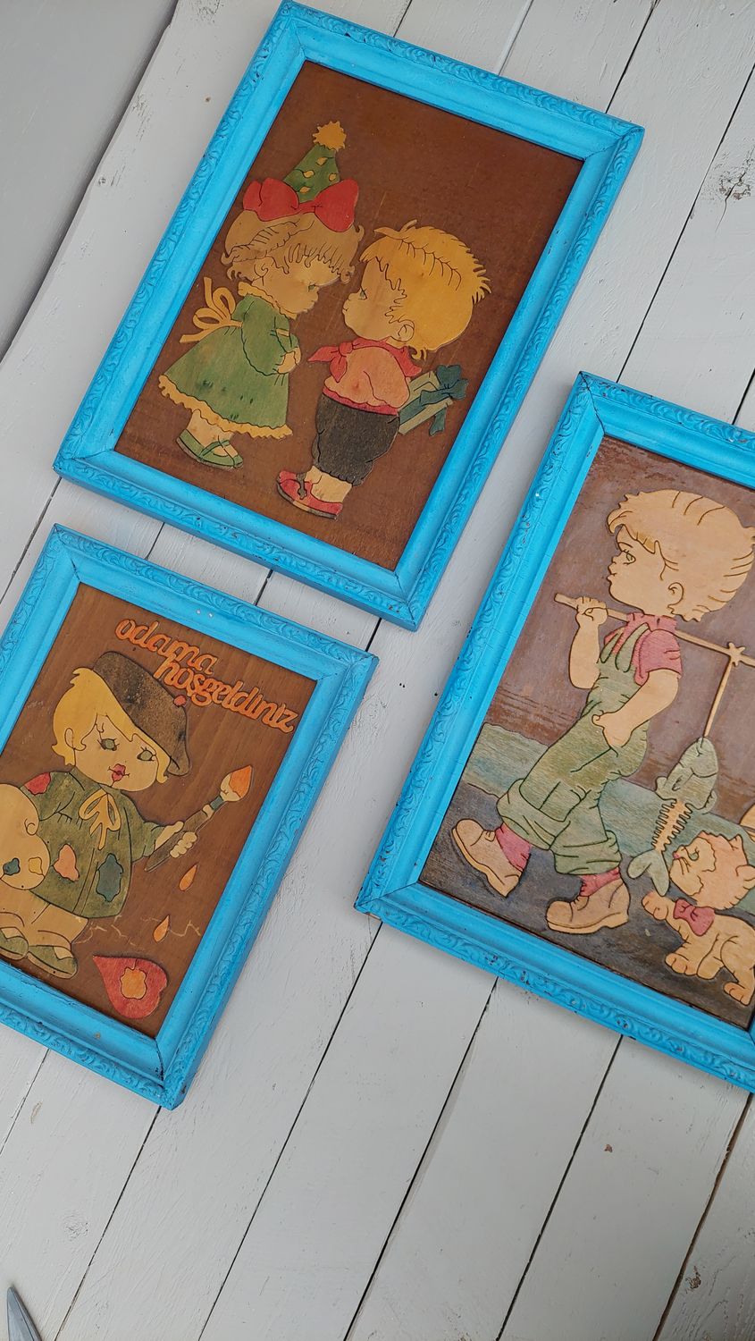 Set van 3 houten kinderkamerschilderijtjes