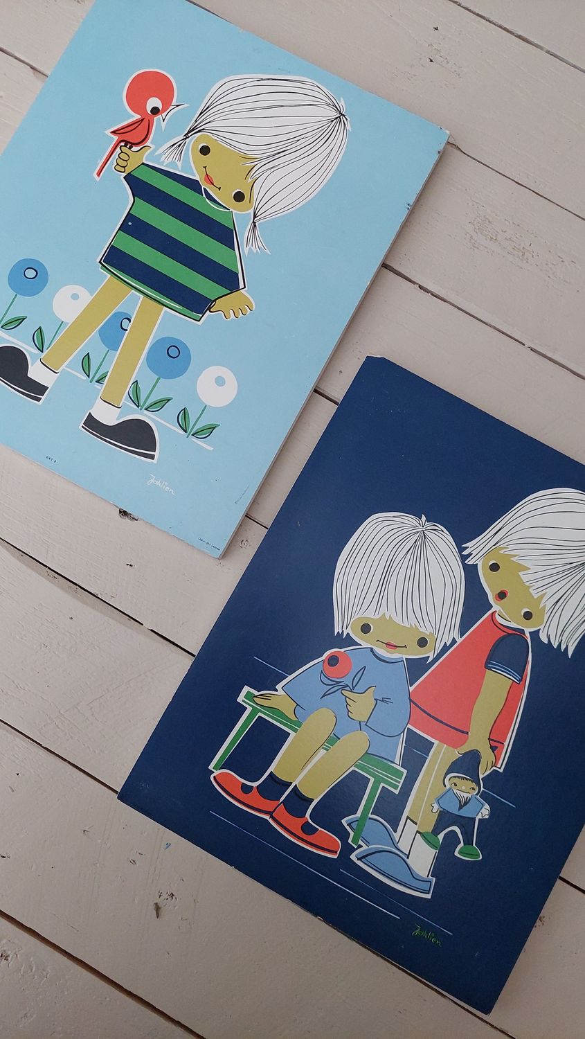 Vintage Jaklien illustraties op hout, set van 2