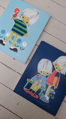 Vintage Jaklien illustraties op hout, set van 2