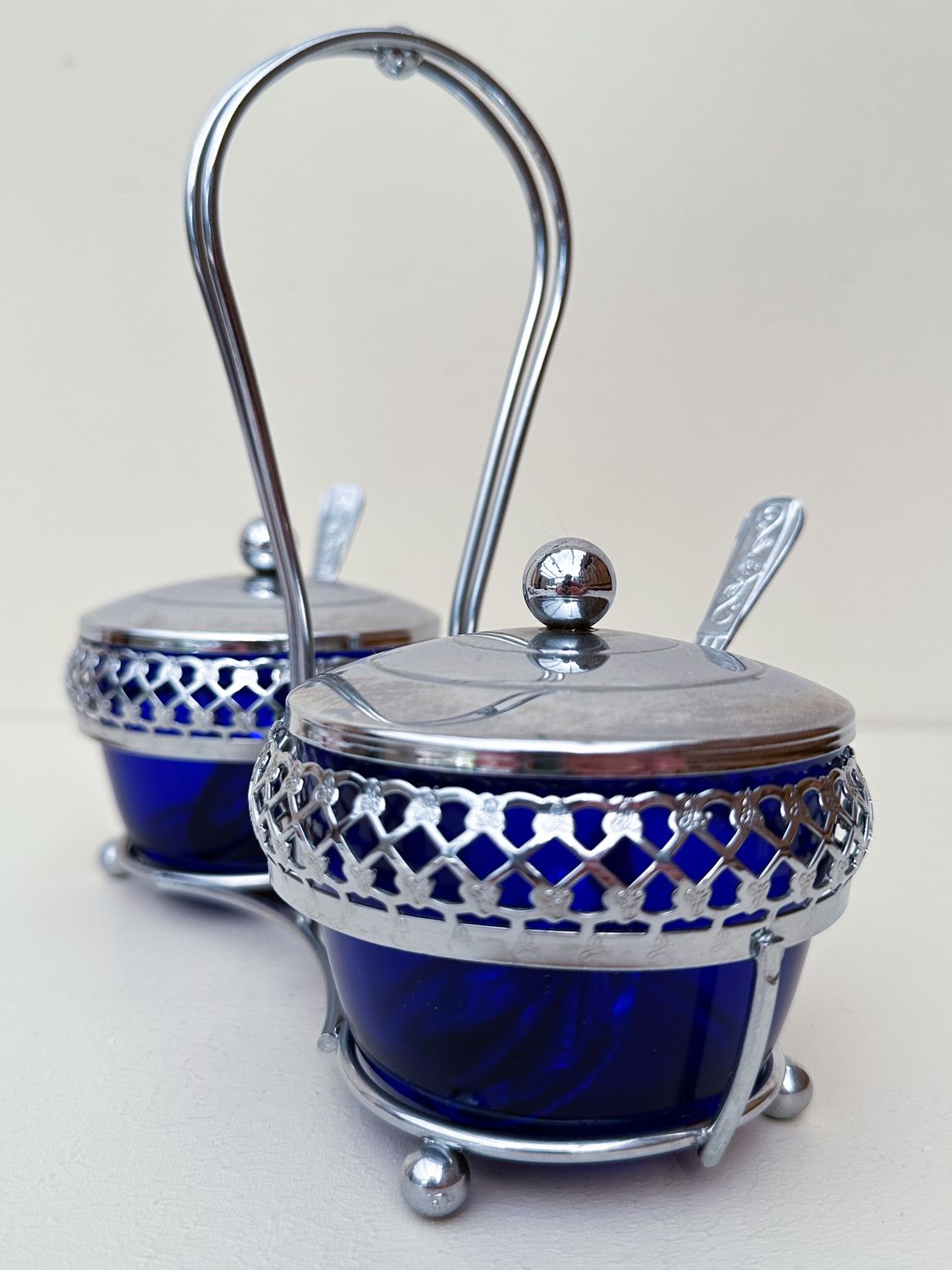 Kruiderij caddy in kobalblauw glas en rvs