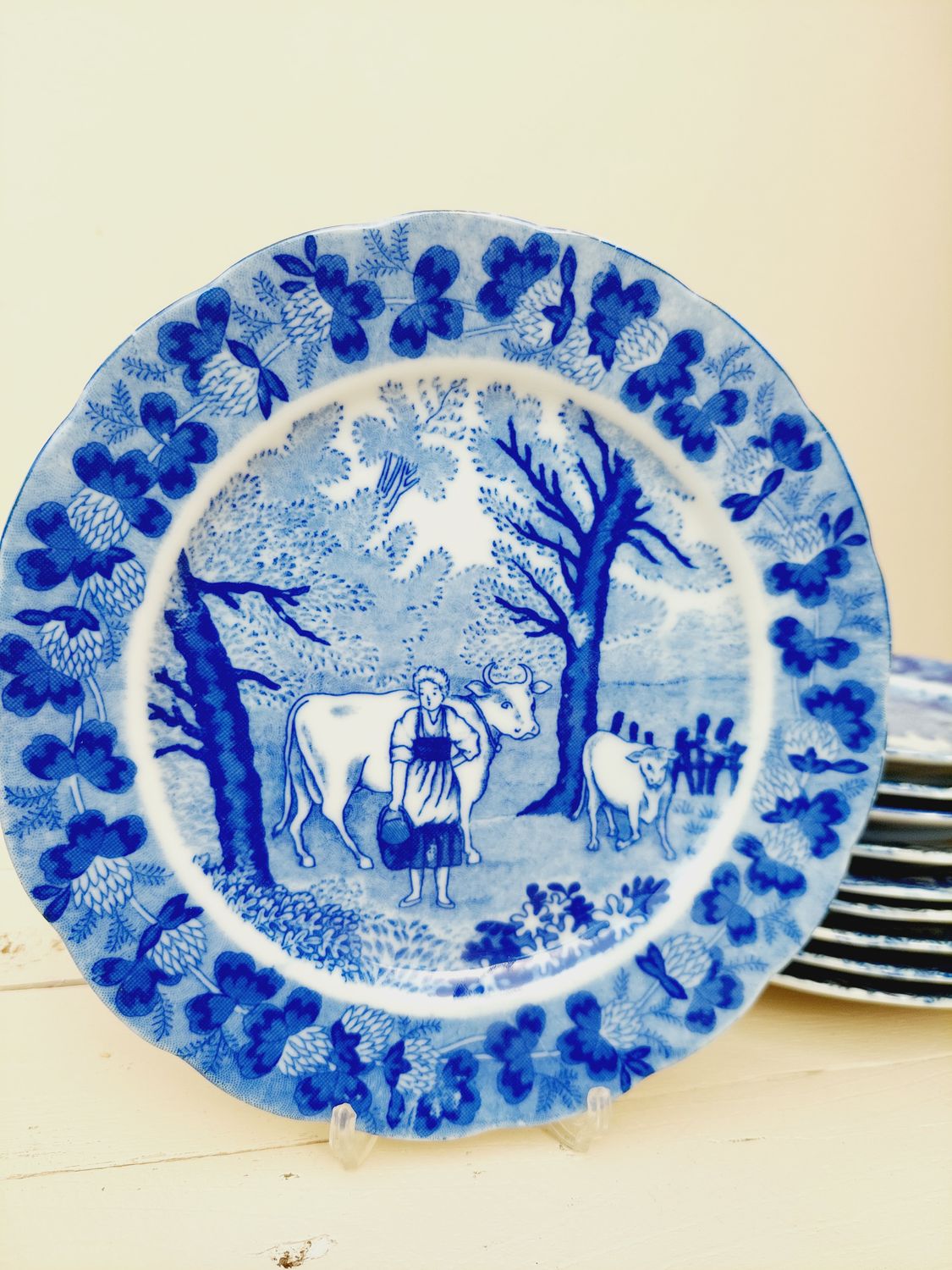 Ontbijtbord met landelijk decor blauw wit porselein