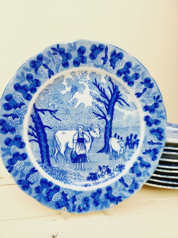 Ontbijtbord met landelijk decor blauw wit porselein
