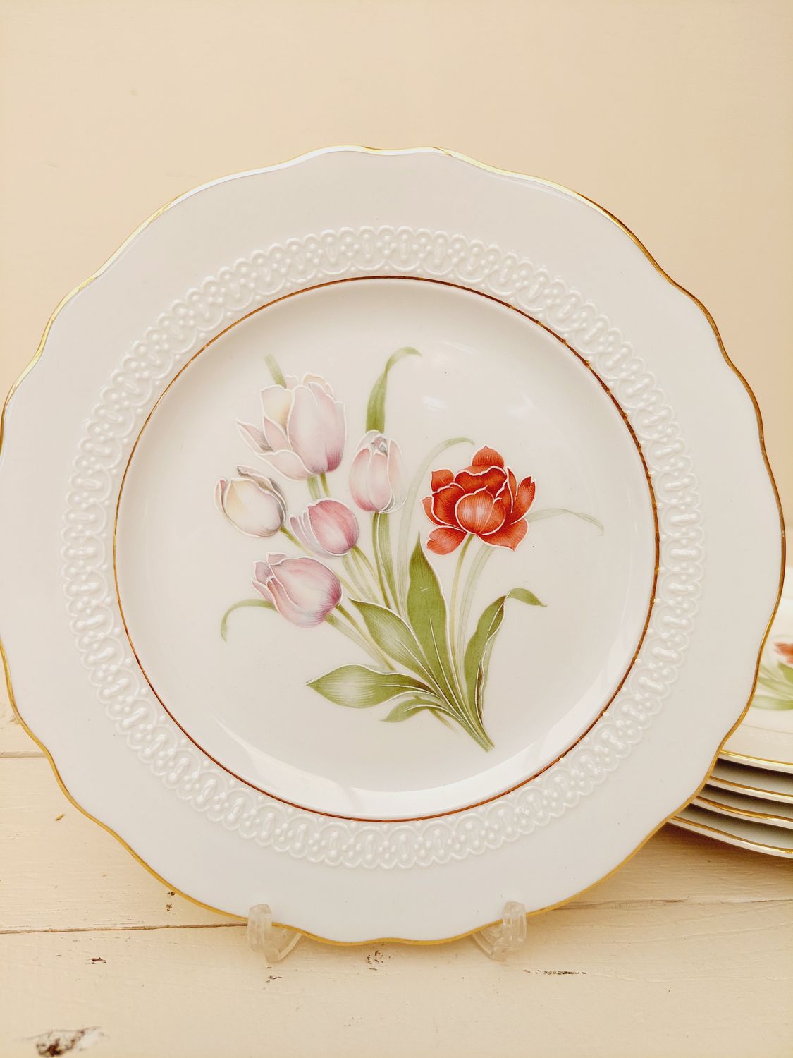 Gebaksbordjes Dauher met bloemen en gouden rand, set van 5