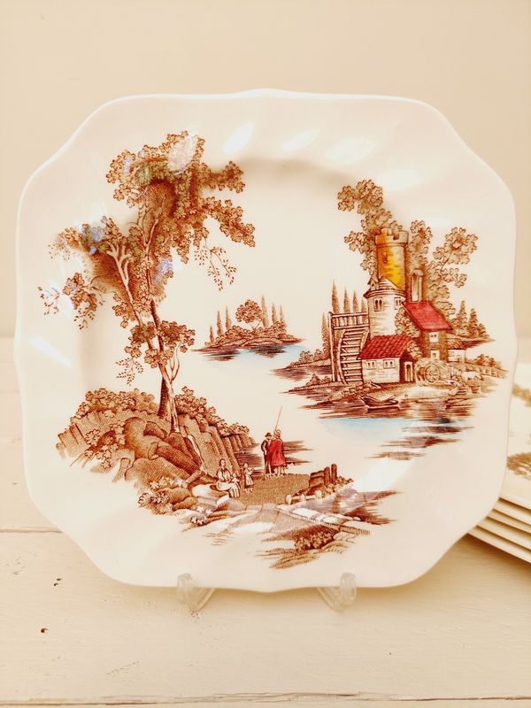 Vintage &#39;vierkante&#39; bordjes &#39;de oude molen&#39;, set van 6