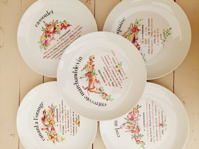 Vintage dinerborden met recepten van Franse gerechten, set van 5