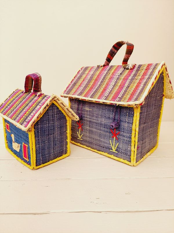 Blauwe huisjes in riet, set van 2
