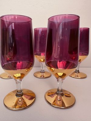 Paars-gouden glazen op voet, set van 5