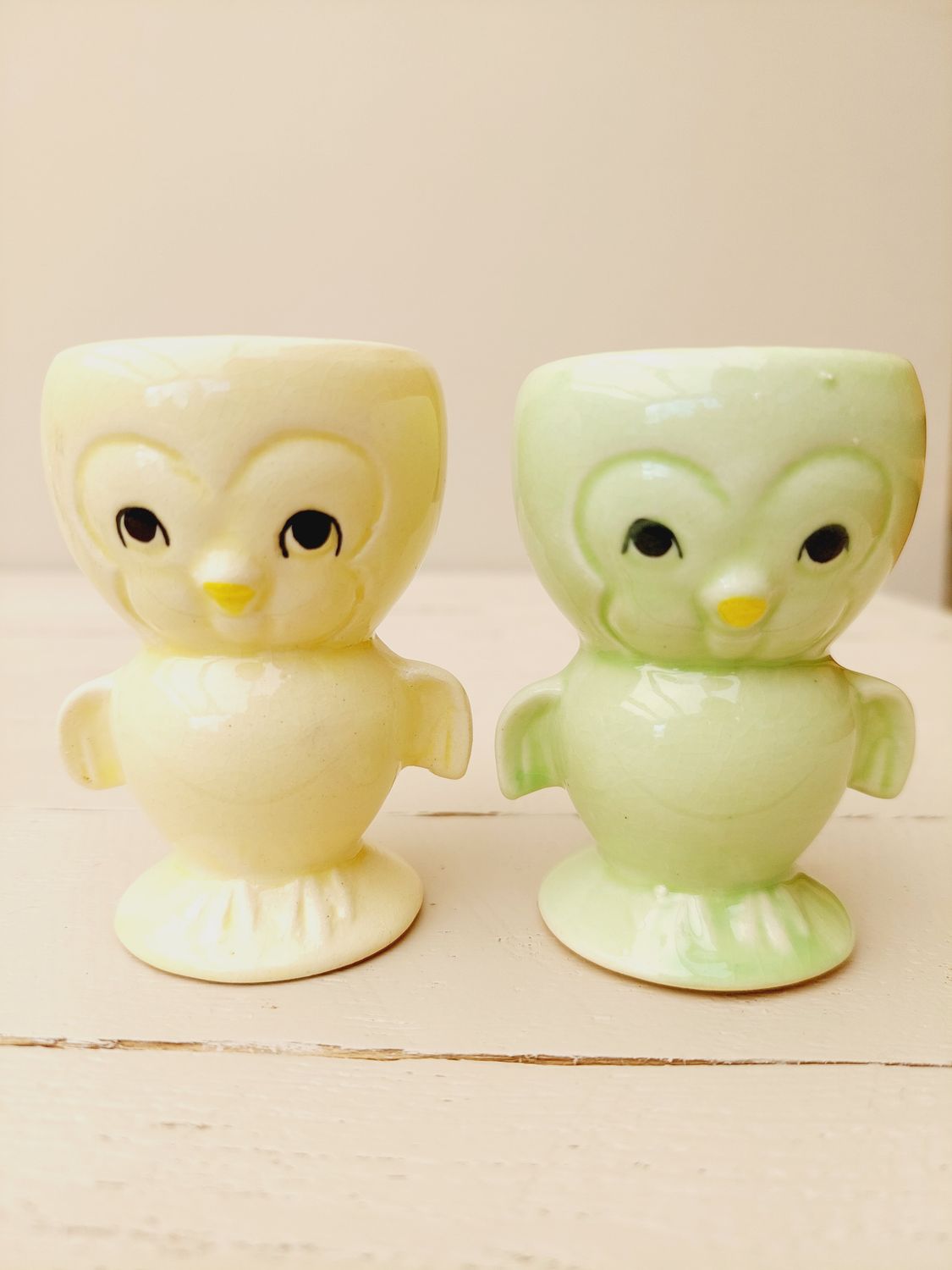Vintage eierdopjes uil, groen en geel