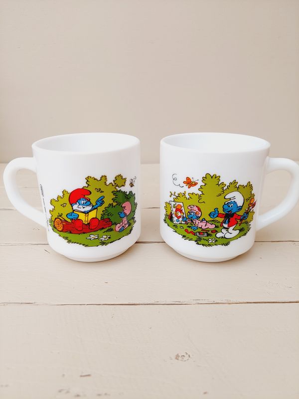 Vintage mokken Arcopal &#39;De Smurfen&#39;, set van 2