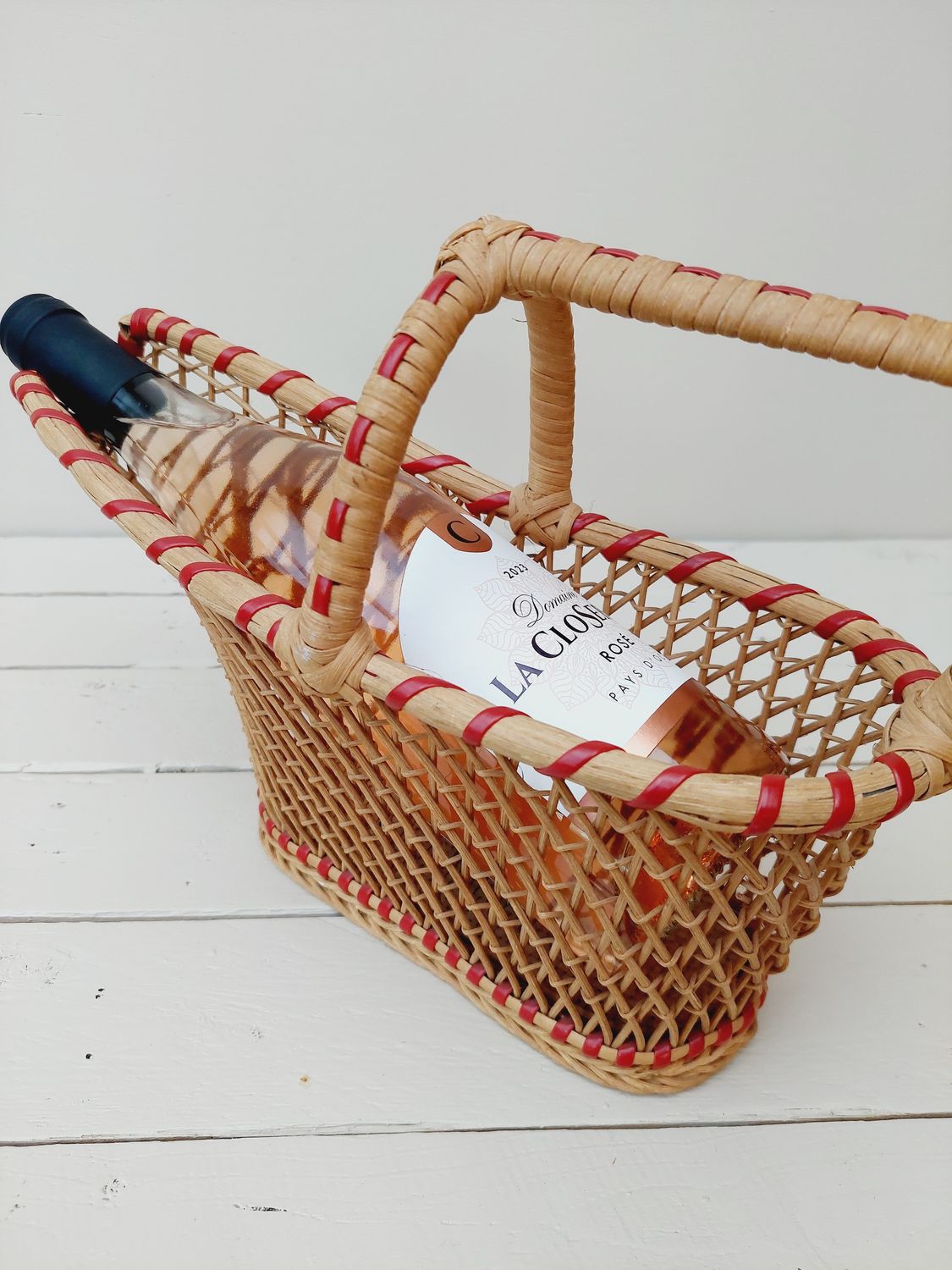 Vintage flessenhouder riet voor literfles