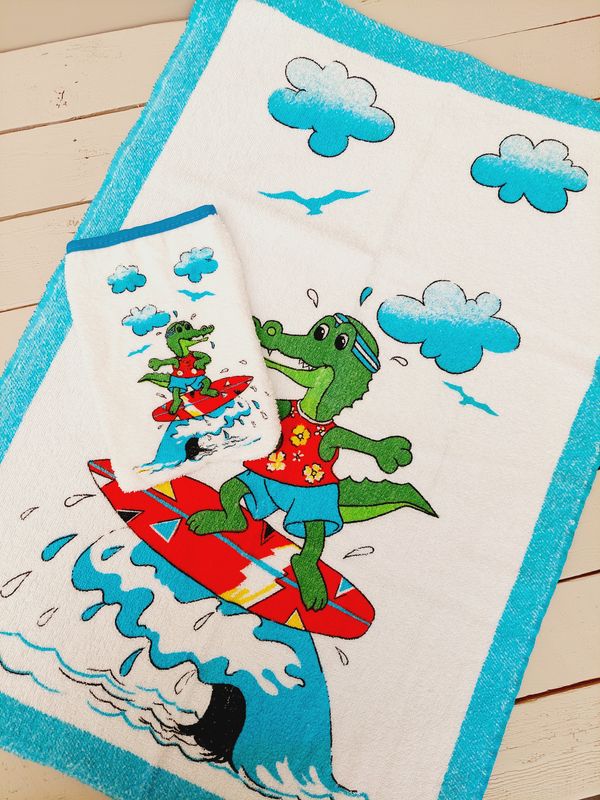 Vintage handdoek met washandje - Krokodil