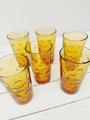 Glazen met bollen reliëf, amberglas, set van 6