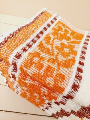 Vintage handdoekenset retro in oranje, bruin en wit, 9 handdoeken
